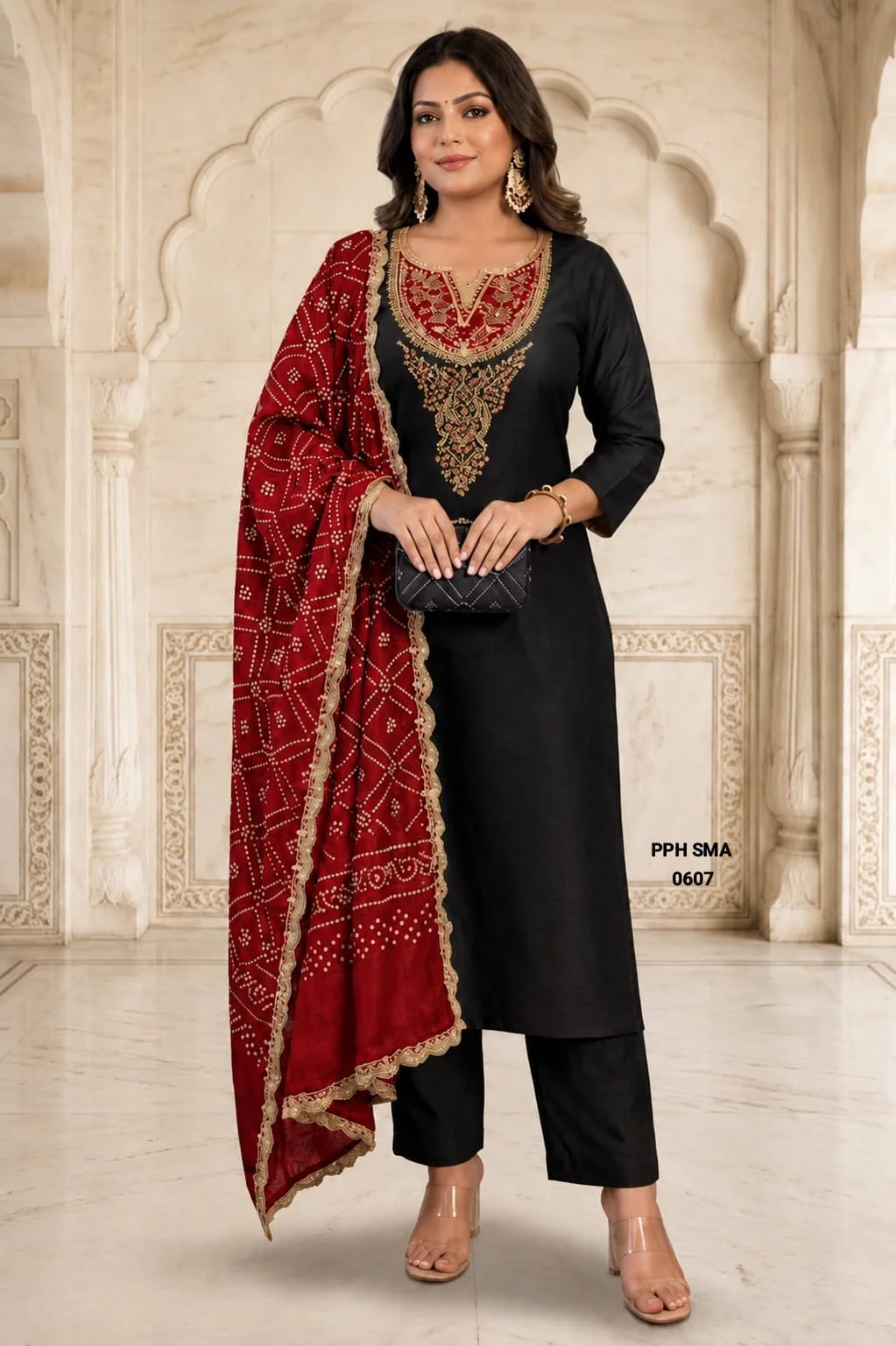 Off-White Embroidered Kurta with Magenta Bandhani Dupatta Set